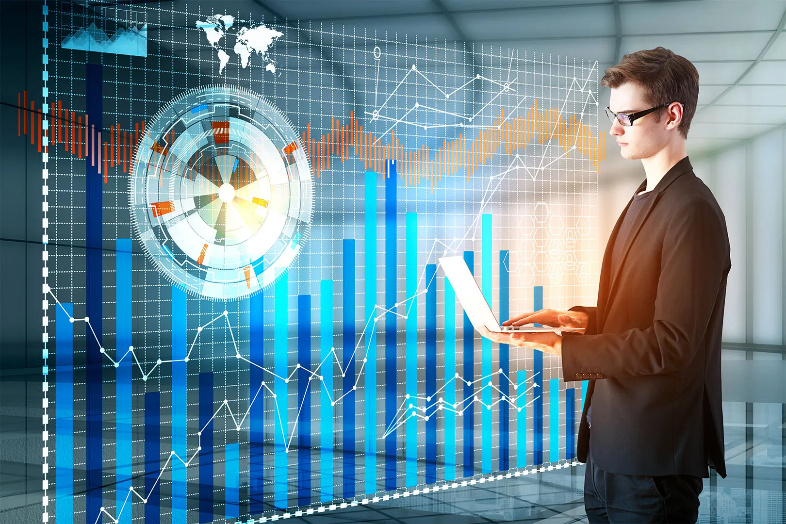 A financial professional standing in front of graphs