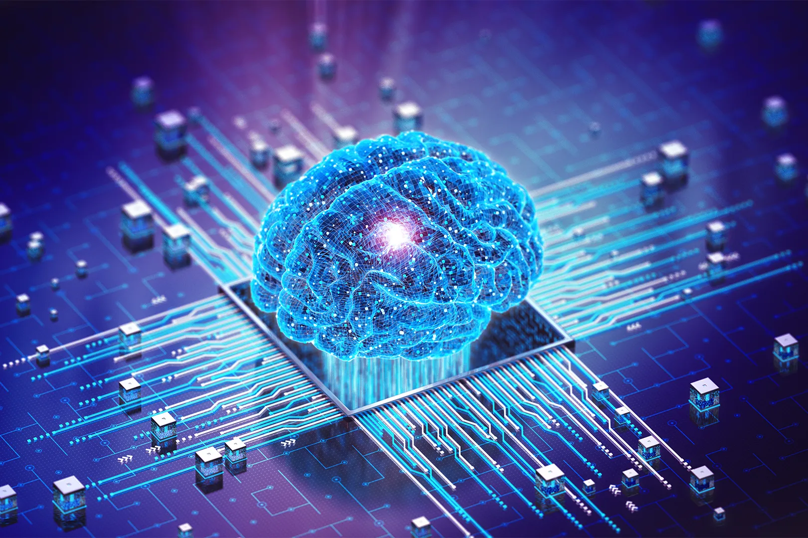 A digital rendering of a brain surrounded by circuits and traces