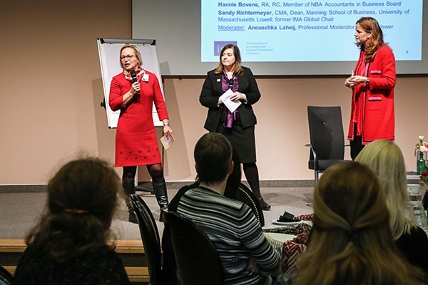 Introducing the day?s events at the March 2018 gathering were (l. to r.) Hannie Bovens, RA, RC, member of NBA Accountants in Business board; Sandra Richtermeyer, CMA, CPA, Ph.D., dean, Manning School of Business at University of Massachusetts Lowell and former IMA Global Board Chair; and Anouschka Laheij, moderator.