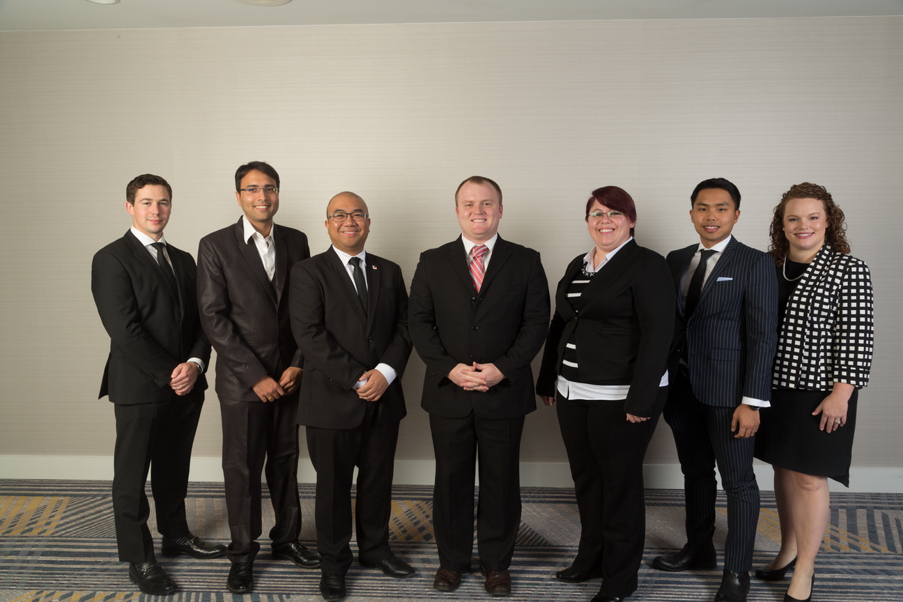 From left to right: Benjamin Wann, Hariharan Ramasubramanian, Janrich Vanques, Kaiser Mock, Tiffany Larsen, Kevin Wijaya, and Blair Trotter.