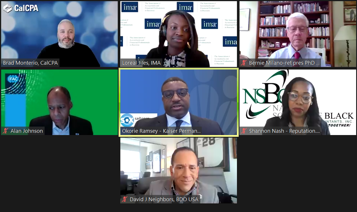 Loreal Jiles, IMA Director of Research-Digital Technology and Finance Transformation, and featuring panelists Alan Johnson, President, IFAC; Bernie Milano, CPA, Former KPMG National Partner, Former President, KPMG Foundation & The PhD Project; Shannon Nash, CPA, JD, Founder and Chair, National Society of Black CPAs; David Neighbors, CPA, Partner, BDO; and Okorie Ramsey, CPA, CGMA, PMP, VP, Sarbanes-Oxley, Kaiser Permanente during a session.
