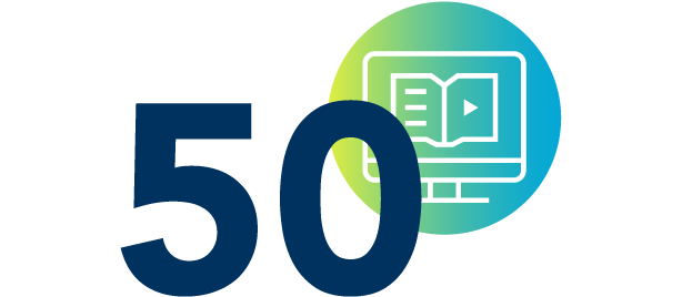 A graphic of number 50 with a computer monitor behind it