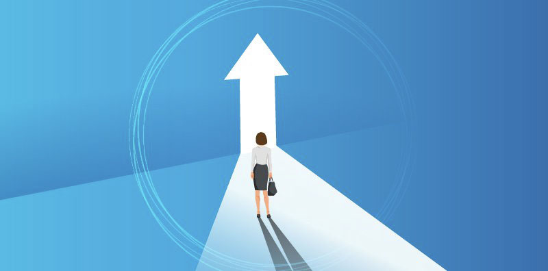 illustration of woman walking towards an arrow-shaped door