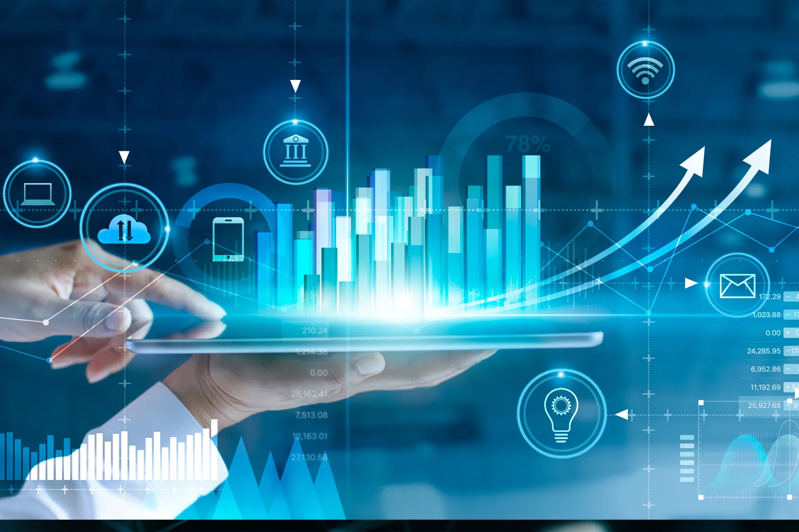 A hand holding and manipulating data graphs