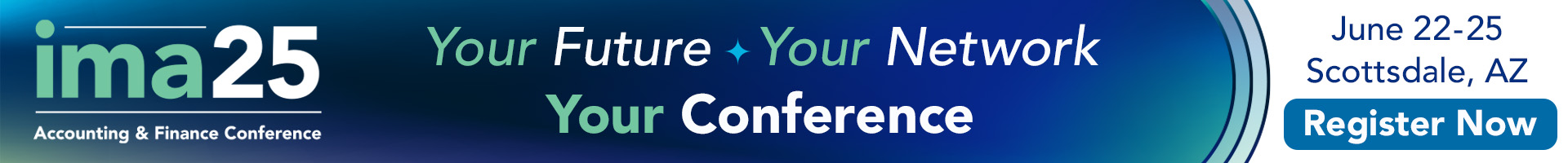 IMA 25th anniversary desktop banner encouraging users to register for CMA exam prep with festive visuals and a 'Register Now' button.