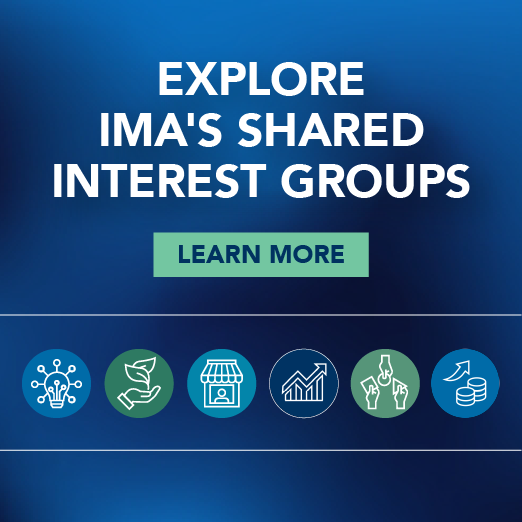 Graphic promoting IMA’s Shared Interest Groups with a 'Learn More' button and icons representing different professional themes.
