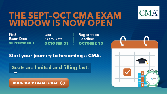 Banner ad promoting September–October CMA exam window with key dates and a call-to-action to book the exam.