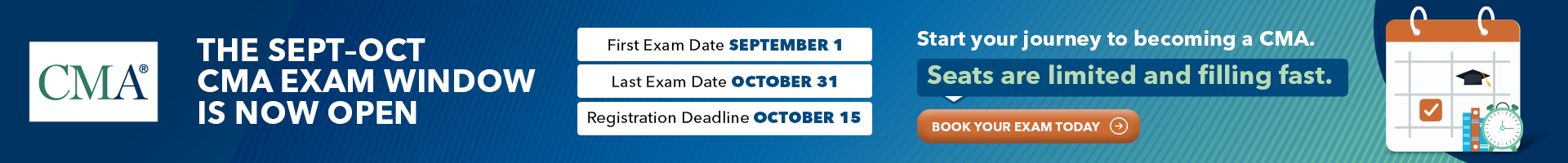 Wide banner ad for CMA September–October exam window with registration dates and call-to-action button.