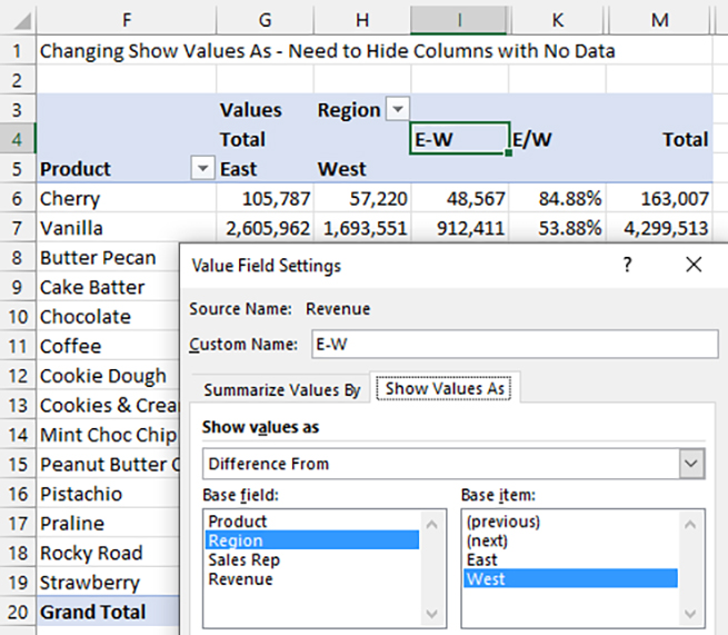 How Do I Show The Difference Between Two Values In A Pivot Table