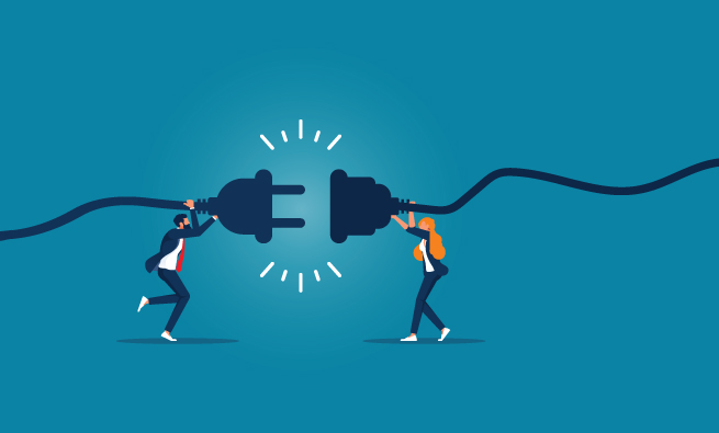 Two persons conecting power plugs