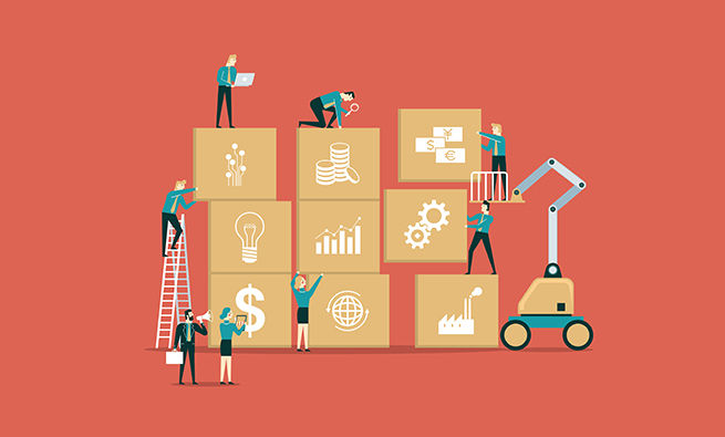 people organizing cardboard box with statistics icons