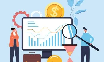 Two people examining a bar graph on a large computer monitor